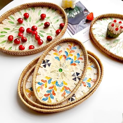 i-lan 3-Pack Oval Rattan Serving Trays with Mother of Pearl Inlay, 13/12/11 Inch Woven Platters for Home Decor, Coffee Table, Display, and Entertaining - Image 6