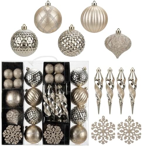 50PCS Christmas Tree Ornaments Set with Shatterproof Balls Icicle Snowflake Hanging Ornaments for Home Office Farmhouse Christmas Decorations, Champagne by Arborus