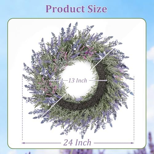 Large Summer Wreaths for Front Door Lavender Wreath for Front Door Spring Easter Artificial Farmhouse Wreaths for Wall Window Party Wedding Porch Room Home Decor(24 Inch) - Image 4
