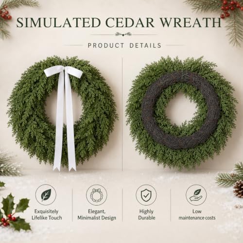 Jutom 2 Pack 22" Artificial Christmas Cedar Wreath with Soft Leaves & Ribbon, Realistic Cedar Wreath, Winter Greenery Pine Wreaths for Front Door, Wall, Window, Indoor Outdoor - Image 3