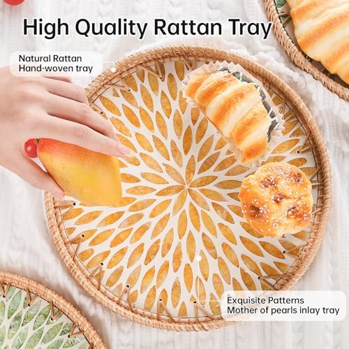 Round Rattan Tray with Mother of Pearl Inlay, Rattan Serving Tray for Coffee, Bread, Fruits, Decorative Wicker Tray for Table Decor, Home Decor, Kitchen Island Decor (Amber Leaf, 11.8") - Image 5