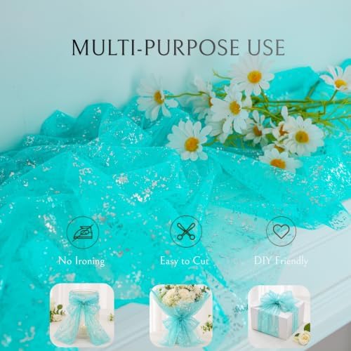 Snowkingdom 10Pcs Turquoise Silver Table Runner 10ft Sparkly Aqua Teal Blue Sheer Glitter Cheesecloth Gauze Party Birthday Decorations for Wedding Bridal Baby Shower Beach Thanksgiving Christmas - Image 6