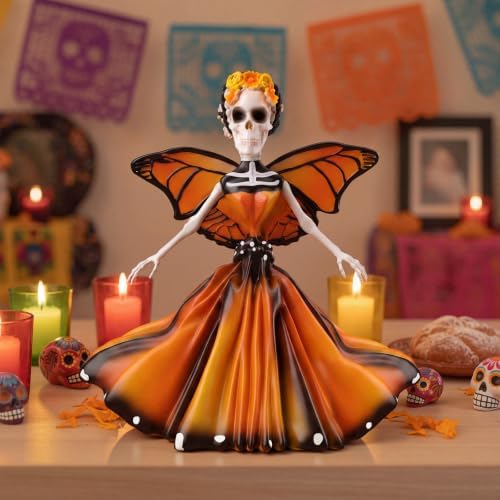 Simgoing Day of the Dead Figurines Resin Monarch Butterfly Sugar Skull Dancer, Skeleton Sculpture Dia De Los Muertos Altar Decor for Halloween Gothic Home Ofrenda Decor by Simgoing