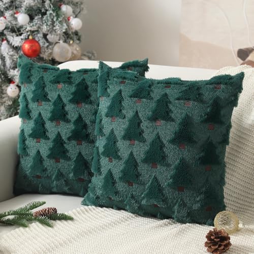 Allorry Christmas Pillow Covers 24x24 inch Set of 2 Christmas Decorations Soft Plush Faux Fur Wool Green Christmas Tree Throw Pillow Cases Winter Holiday Decor for Sofa Living Room PT002A24 by Allorry