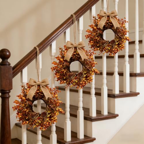 12 Pcs Small Fall Hanging Wreaths with Artificial Autumn Eucalyptus Leaves Natural Pine Cones Mini Cabinet Wreath for Home Table Centerpieces Kitchen Farmhouse Thanksgiving Party Decor - Image 5