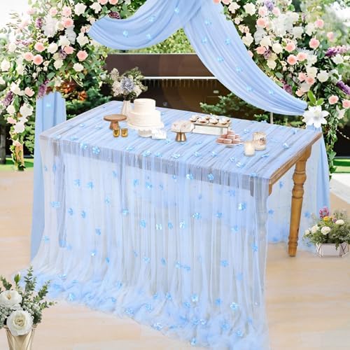 5 Pack Baby Blue Pearl Tulle Tablecloths 10ft Floral Sheer Table Overlays - Image 2