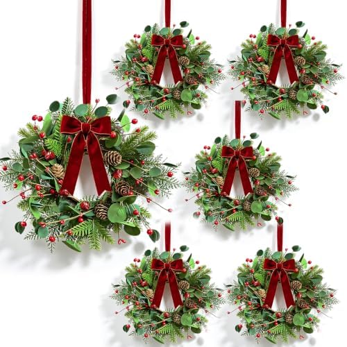 6 Pcs Small 4th of July Hanging Wreaths for Cabinets Patriotic Mini Candle Ring Wreath with Red White Blue Flowers (6, Greenery with Red Bells Pinecones) by Unknown