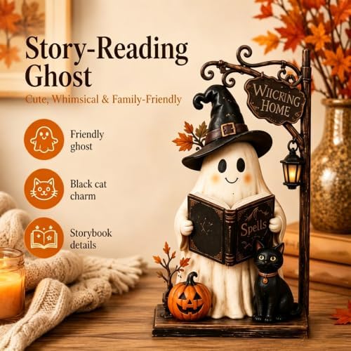 Lighted Halloween Haunted House & Character Figurine Collection, Halloween Decorations with Ghost, Black Cat & Pumpkin Figures, Gothic Haunted House Centerpiece for Mantel Shelf Home Decor，Pumpkin - Image 3