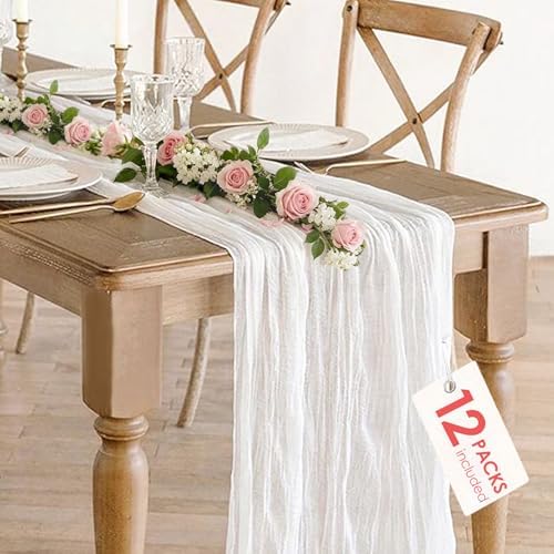12 Pack White Cheesecloth Table Runner 35x120inch, Summer 10FT Boho Gauze Sheer Cheese Cloth Table Runner for Wedding Bridal Shower Baby Shower Boho Holiday Decorations by BlueTopCoLtd