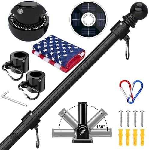 ZMTECH 5FT Flag Pole Kit with Solar Light and Embroidered American Flag, Adjustable Bracket and Upgraded Tangle-Free Ring 1" Stainless Steel Flagpole for Day and Night, Residential, Commercial, Black by HighQualityGardeningTools