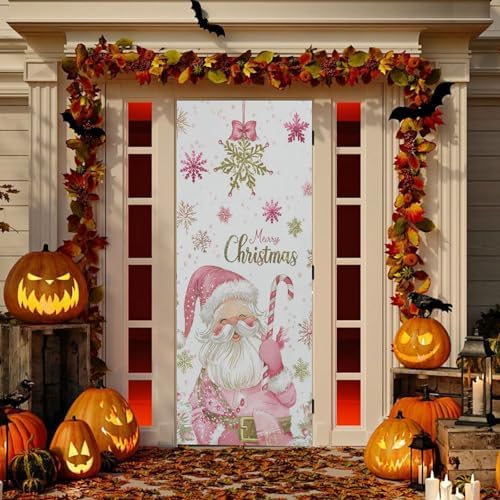 Pfrewn Christmas Decorations Door Cover Cute Sweet Pink Santa Claus Front Door Backdrop Banner Winter Holiday Garage Door Sign for Home Indoor Outdoor Party Supplies 36x98 in - Image 5