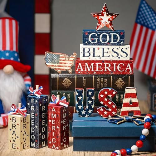 FoldTier 11 Pcs Patriotic Tiered Tray Decor Vintage 4th of July Table Sign - Image 6