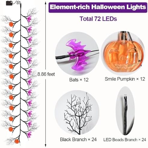 2026 Halloween Garland with Lights 8.86FT 72LED Willow Vine Twig with Timer Black Garland Lights with Orange Pumpkins Purple Bats and Black Leaves Dead Branches Halloween Decorations Indoor Outdoor - Image 2