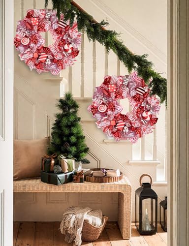 20" Christmas Wreath with Candy Canes, Red & Pink Bow for Front Door Decor - Image 3