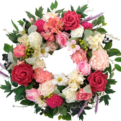 22 Inch Spring/Summer Floral Wreaths for Front Door,Artificial Decoration Wreath with Rose Dahlia Hydrangea for Home Valentine Wedding Mothers Day Decor(RED) by CIROASES