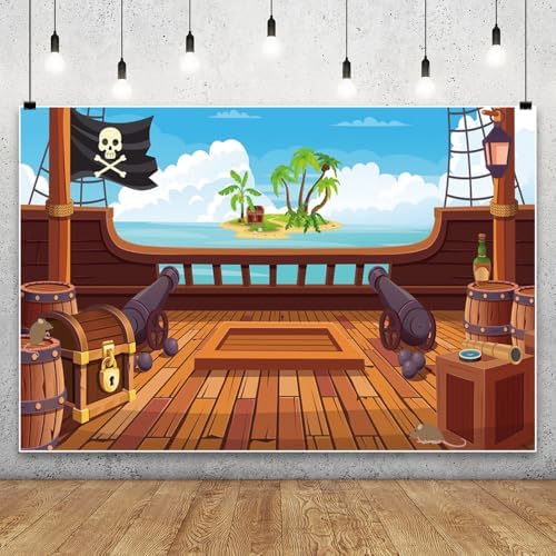 Leowefowa Fabric Cartoon Pirate Photo Backdrop 12x10ft Wooden Pirate Ship Deck Background Cannon and Skull Flag Backdrops for Photography Nautical Adventure Backdrops for Parties Vinyl - Image 4