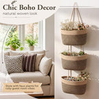 Novabright 3-Tier Hanging Basket Wall Mounted Woven Organizer, Boho Storage - Image 4