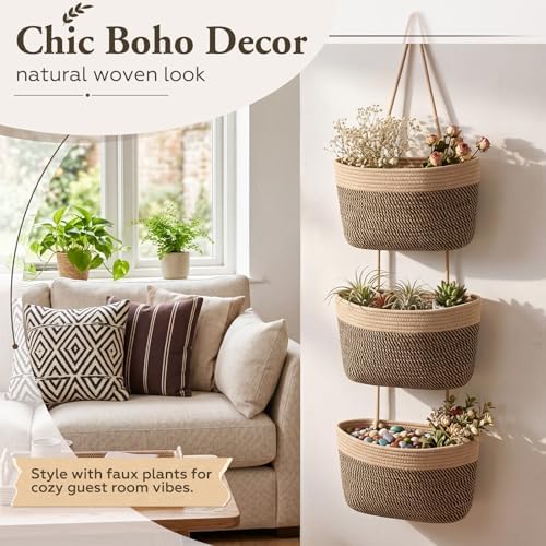 Novabright 3-Tier Hanging Basket Wall Mounted Woven Organizer, Boho Storage - Image 4