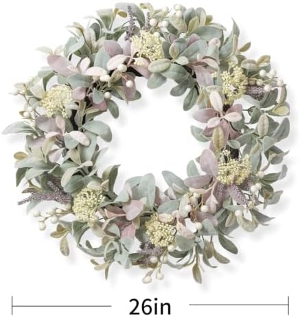 26 Inch Lambs Ear Wreaths for Front Door, Artificial Summer Fall Wreath with Mixed Color Lambs Ear, Berries & Wheat, Year Round Door Wreath for Farmhouse Wedding Home Porch Indoor Outdoor Decor - Image 2