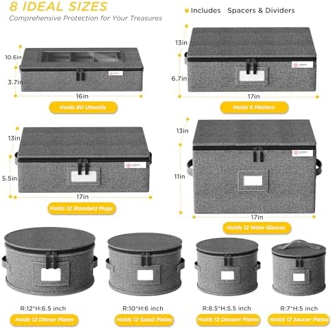 YearningHome China Storage Containers Hard Shell,Moving Boxes for Mugs,Wine Glassess,Plates,Sausers,Utensils and Dinnerware, Sturdy Dish Organizer with Felt Dividers,8-Piece Set,Grey - Image 2