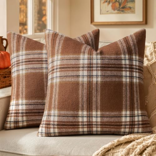 MIULEE Fall Plaid Decorative Pillow Covers Set of 2 22x22 Brown by MIULEE