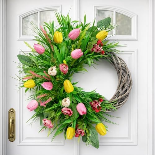 Spring Summer Wreath for Front Door, 24 Inch Artificial Tulip Wreath with Pink Yellow Lavender and Eucalyptus Greenery for Indoor Outdoor Home Farmhouse Wall Decor - Image 7