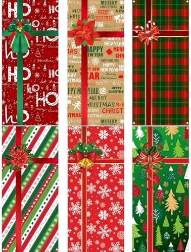 Preboun 6 Pcs Christmas Door Cover Decoration Hanging House Window Cover Gift Box Bow Christmas Outdoor Sign for Home Wall Indoor Party Decorations 78 x 35 inches by Preboun