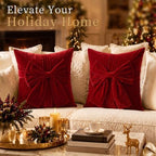 Frienda 4 Pcs Christmas Throw Pillows Cover 20"x20" Burgundy Velvet Bow - Image 6
