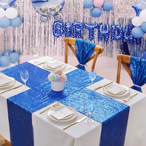 Glitter Sequin Table Runners Royal Blue 10 Pieces 12x108 Inches Sequin Fabric Shimmer Table Runner for Baby Shower Banquet Wedding Table Decorations - Image 2