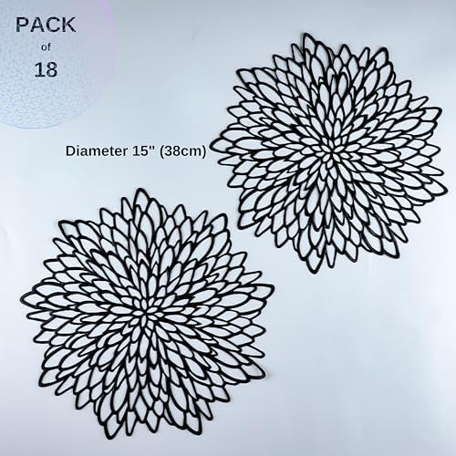 Snowkingdom Pack of 18 Black Placemats Washable Pressed Vinyl Laser Cut Dining Table Mats Round Floral Charger Decoration for Christmas Halloween Thanksgiving Wedding - Image 2