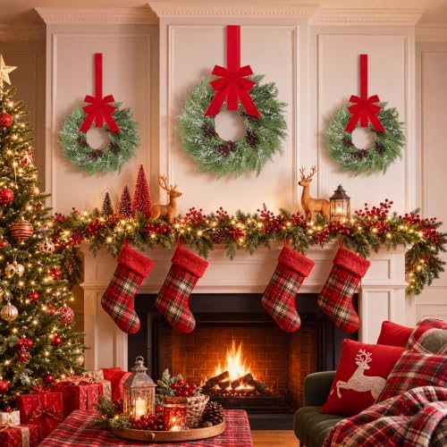 Barydat 4 Pcs 15" Mini Christmas Wreaths for Kitchen Cabinet with Long Bow - Image 6