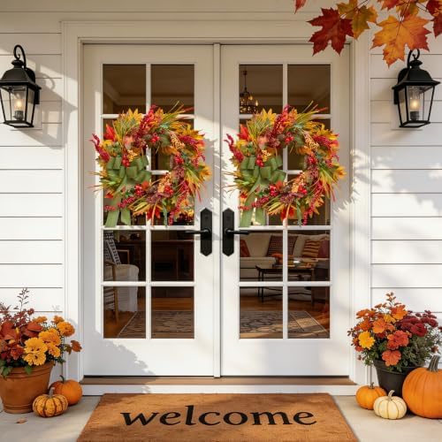 24 Inch Artificial Silk Harvest Fall Wreaths for Front Door with Green Bow - Image 6