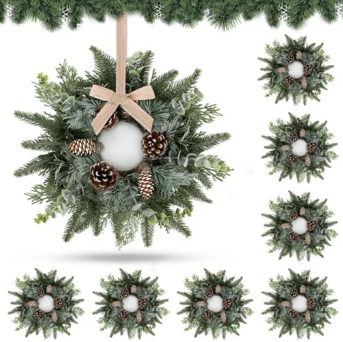 8 PCS Christmas Mini Cabinet Wreaths for Kitchen with Burlap Ribbon Norfolk Snowy Pine Needles Garland Pinecones Artificial Cedar Wreaths for Xmas Front Door Window Home Table Pillar Chair Wall Decor by Unknown