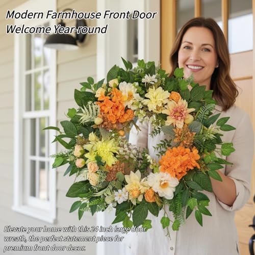 24" Large Wreath for Front Door - Artificial Orange Hydrangea Peony Yellow Dahlia Wreath - Summer Floral Farmhouse Porch Decor, Sun-Kissed Welcome Sign for Wall & Window - Image 2