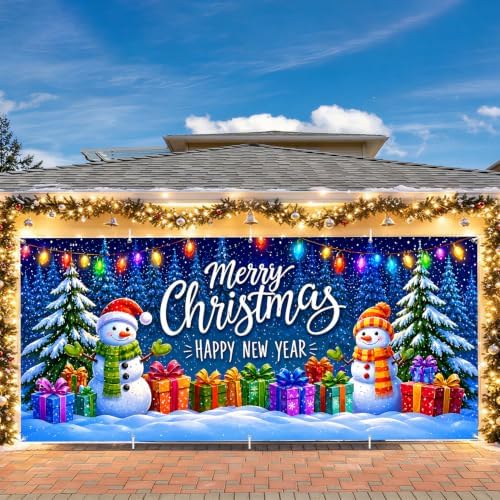 Christmas Garage Door Banner Mural - Merry Christmas Happy New Year Snowman Backdrop - Large 7x16ft Winter Holiday Outdoor Wall Decor - Durable Weatherproof Fabric Cover for Home Xmas Party - Image 7