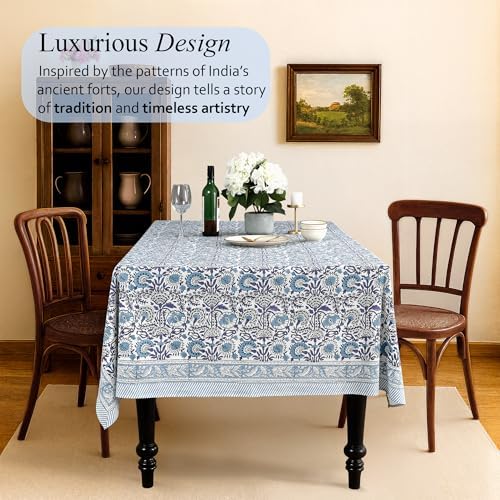 CPC Tablecloth 100% Cotton 70x108 Inch Indian Block Print Rectangle Table Cover, Blue Table Cloth for Weddings, Spring/Summer, Barbeque - Indigo Blue - Image 2
