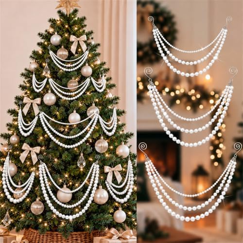 12 Pcs Christmas Tree Bead Garland, 3 Tier Hanging, White, Pearl by Hungdao
