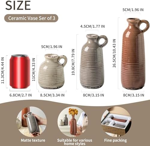 Ceramic Vases Set of 3, Neutral Rustic Farmhouse Vase with Handle, Decorative Flower Vases Home Decor Modern Boho Pampass Vase for Table Mantel Entryway Shelf Living Room Kitchen Bathroom - Brown - Image 2