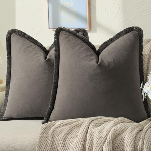 ZWJD Pillow Covers 18x18 Set of 2 Dark Gray Throw Pillow Covers with Fringe Chic Cotton Decorative Pillows Square Cushion Covers for Sofa Couch Bed Living Room Farmhouse Boho Decor by ZWJD