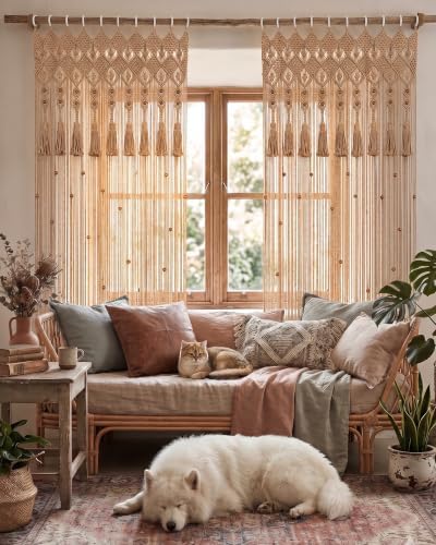 BECHAEO Boho Macrame Beaded Curtain with Tassels, Brown 1 Panel 39" x 79" - Image 3