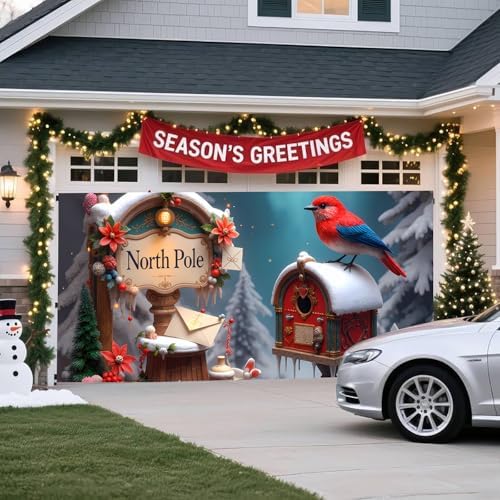Christmas Garage Door Banner – North Pole Winter Scene with Red Bird, Mailbox & Snowy Decor, Large Waterproof Reusable Outdoor Holiday Mural for Home, Yard & Porch,16 x 7 ft / 4.8 x 2.1 m - Image 3