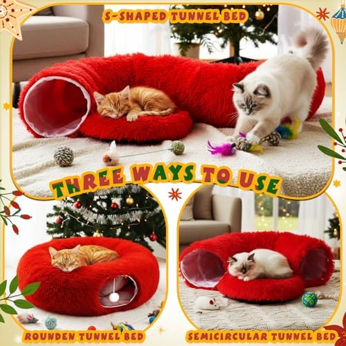 Thyle Christmas Cat Tunnel Bed, Red, 3ft X 3ft X 9.8in, Plush - Image 2