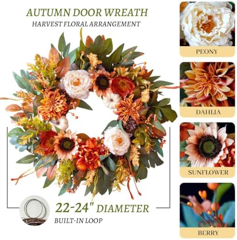 24 Inch Harvest Fall Wreaths for Front Door Outside with Sunflowers,Peony - Image 4