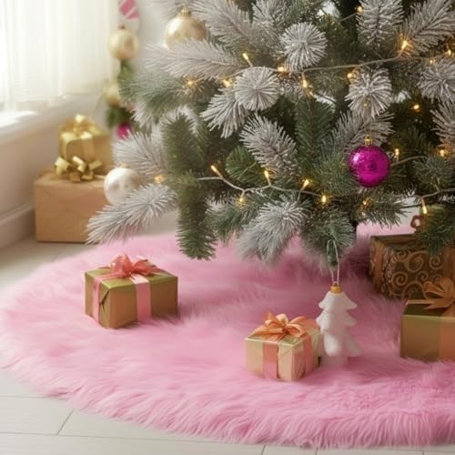 CHICHIC 48 inch Christmas Tree Skirt Faux Fur Xmas Tree Skirt Christmas Decorations Holiday Tree Ornaments Tree Decoration for Christmas Home Decorations, Xmas Party Holiday Decorations, Pink by CHICHIC