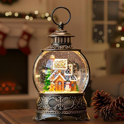 Christmas Snow Globe Lighted Gingerbread House Scene, Musical Snow Water Lantern Swirling Glittering Home Decoration and Gift, Battery Operated or USB Powered by MXwcy