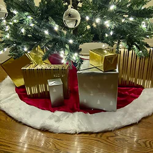 Haute Decor 54 Inch Diameter Large Dark Red Velvet Tree Skirt with Hi-Pile White Border - Classic Extra Large Size Plush Christmas Tree Skirt - Image 2