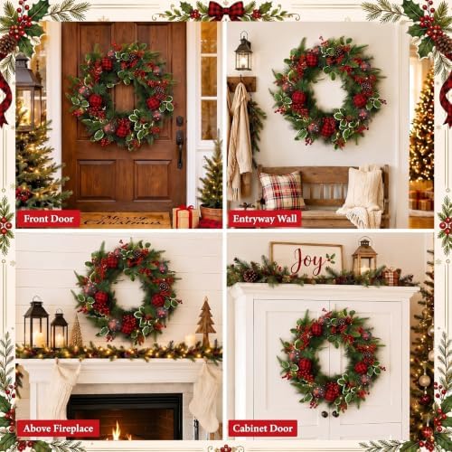 Christmas Wreath for Front Door Cedar Buffalo Plaid Wreath with Holly Berry - Image 6