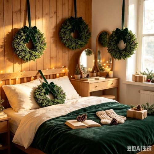 6 Pcs Small Christmas Hanging Wreaths with Artificial Cedar Pine Greenery Dark Green Velvet Ribbon Mini Cabinet Wreath for Porch Front Door Window Wall Farmhouse Rustic Christmas Winter Holiday Decor - Image 6