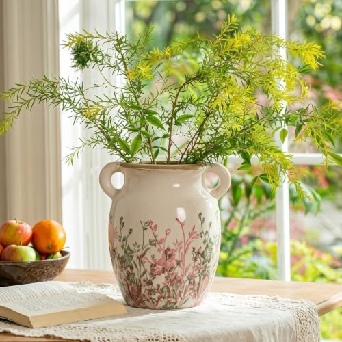 LemonRoad Vintage Planter Large Ceramic Plants Pot Beige Chinoiserie Floral Cottage Scroll Vase Flower Pot Indoor Home Farmhouse Kitchen Antique Decorative Gifts(Pink Wildflower,7.7 Inch) - Image 3