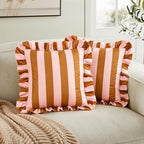 vctops Ruffle Square Throw Pillow Covers Boho Pink and Red Striped Decorative Pillowcases Set of 2, Soft Velvet Accent Cushion Cover Cases for Sofa Bed Living Room Decor (Pink Brown,18"x18") - Image 2